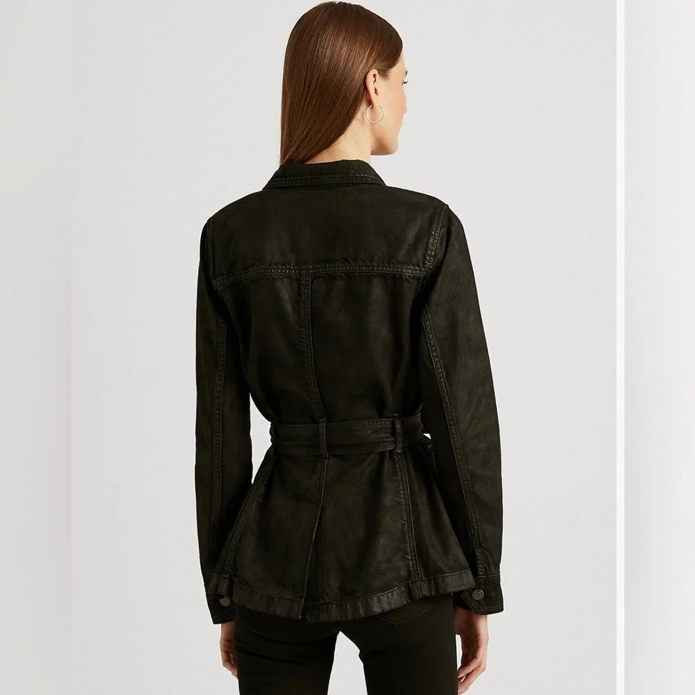 NWT Ralph Lauren Plus Size Black Onyx Belted Coated Denim Trucker Jacket Sz 14W - Picture 2 of 11